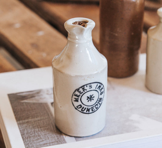 vintage boho stone crock ink bottle by meeks inks dunedin