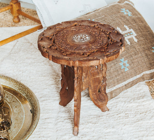 vintage boho indian wood carved mini side table stool