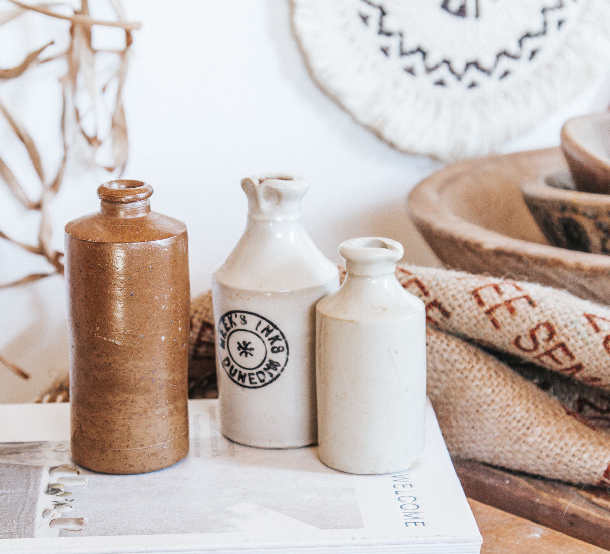 vintage boho stone crock bottle