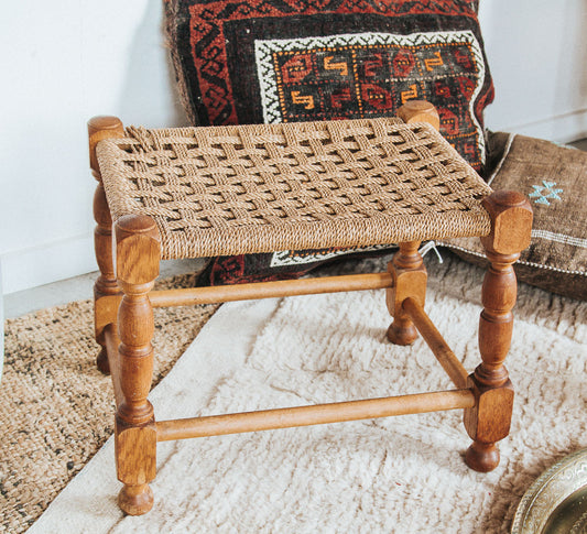Vintage boho wooden woven seagrass stool