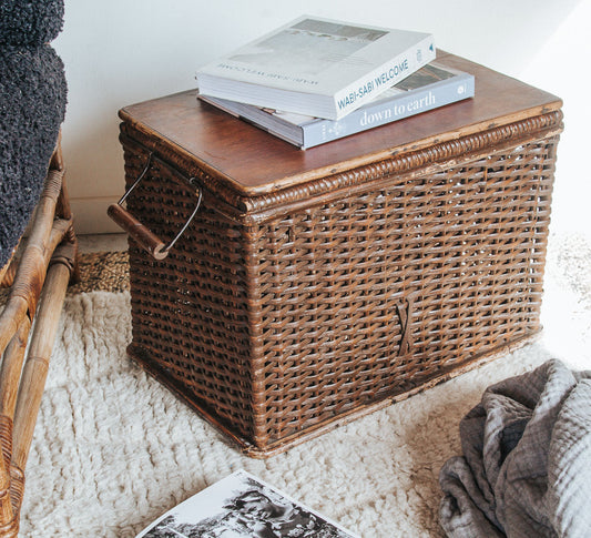 vintage boho woven cane antique storage box with solid wooden lid