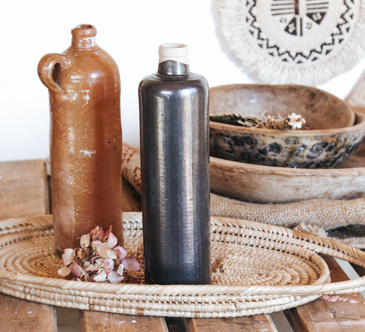 vintage boho black stone crock wine bottle