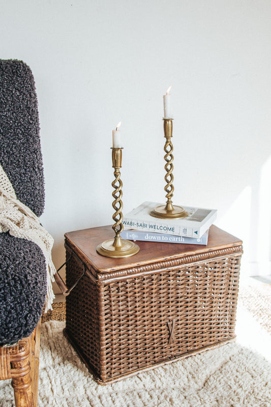 vintage boho woven cane antique storage box with solid wooden lid