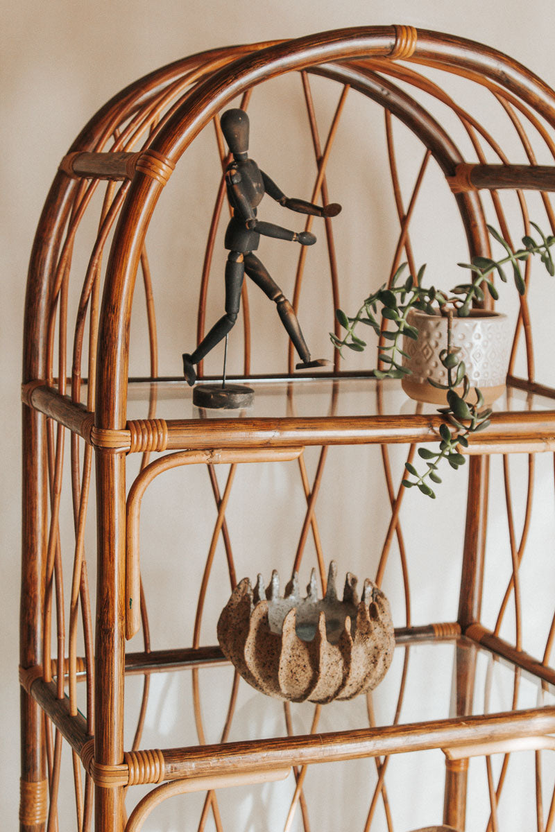 vintage designer boho cane rattan shelving in walnut brown with glass shelves