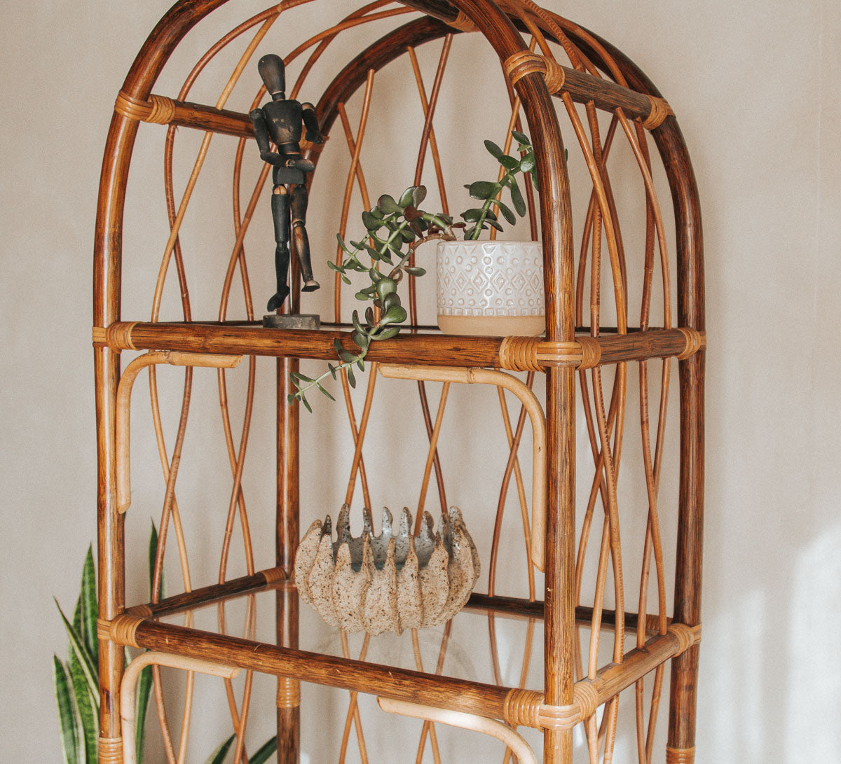 vintage designer boho cane rattan shelving in walnut brown with glass shelves