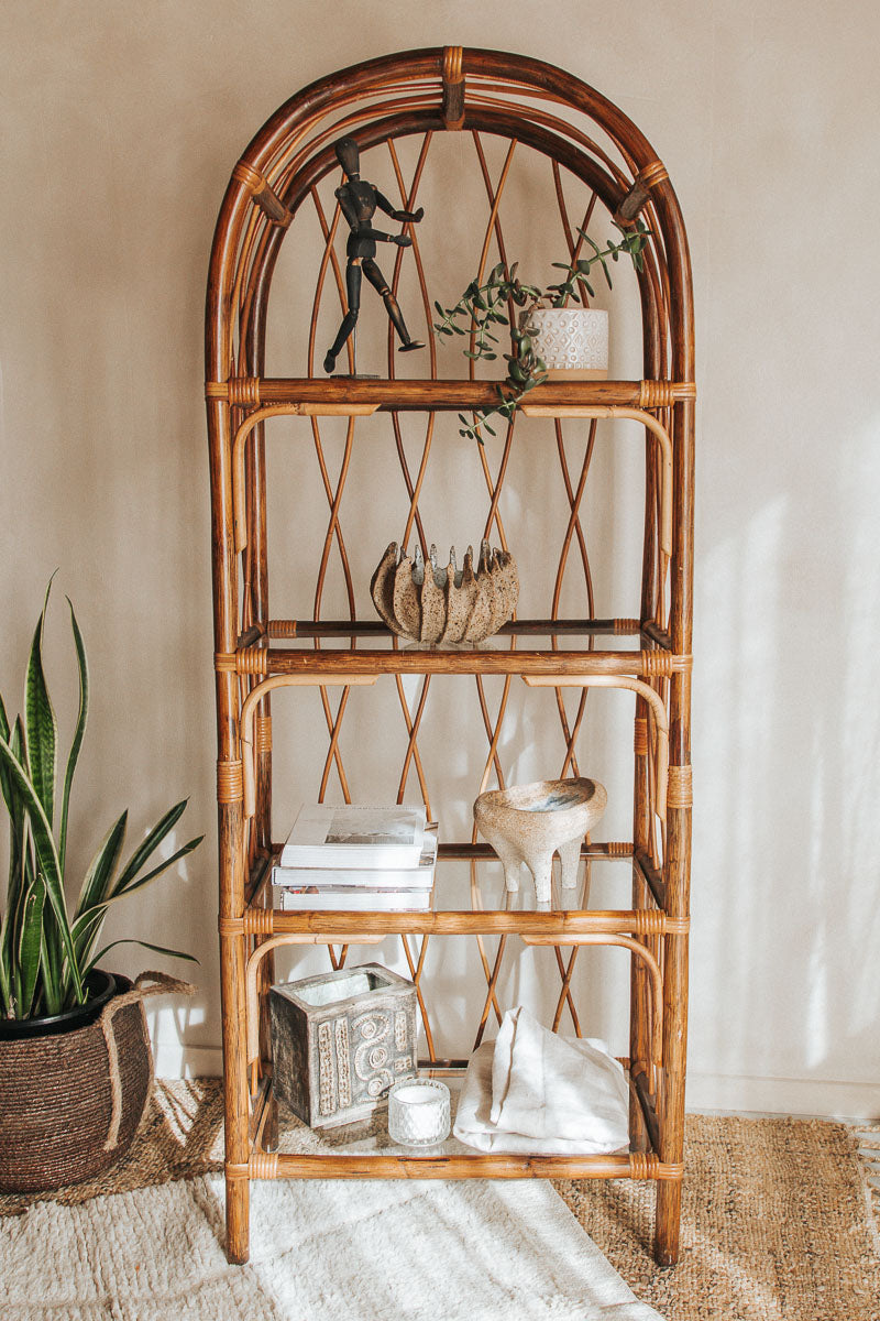 vintage designer boho cane rattan shelving in walnut brown with glass shelves