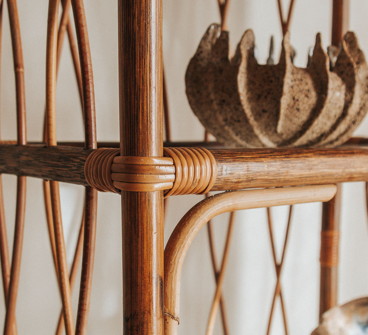 vintage designer boho cane rattan shelving in walnut brown with glass shelves