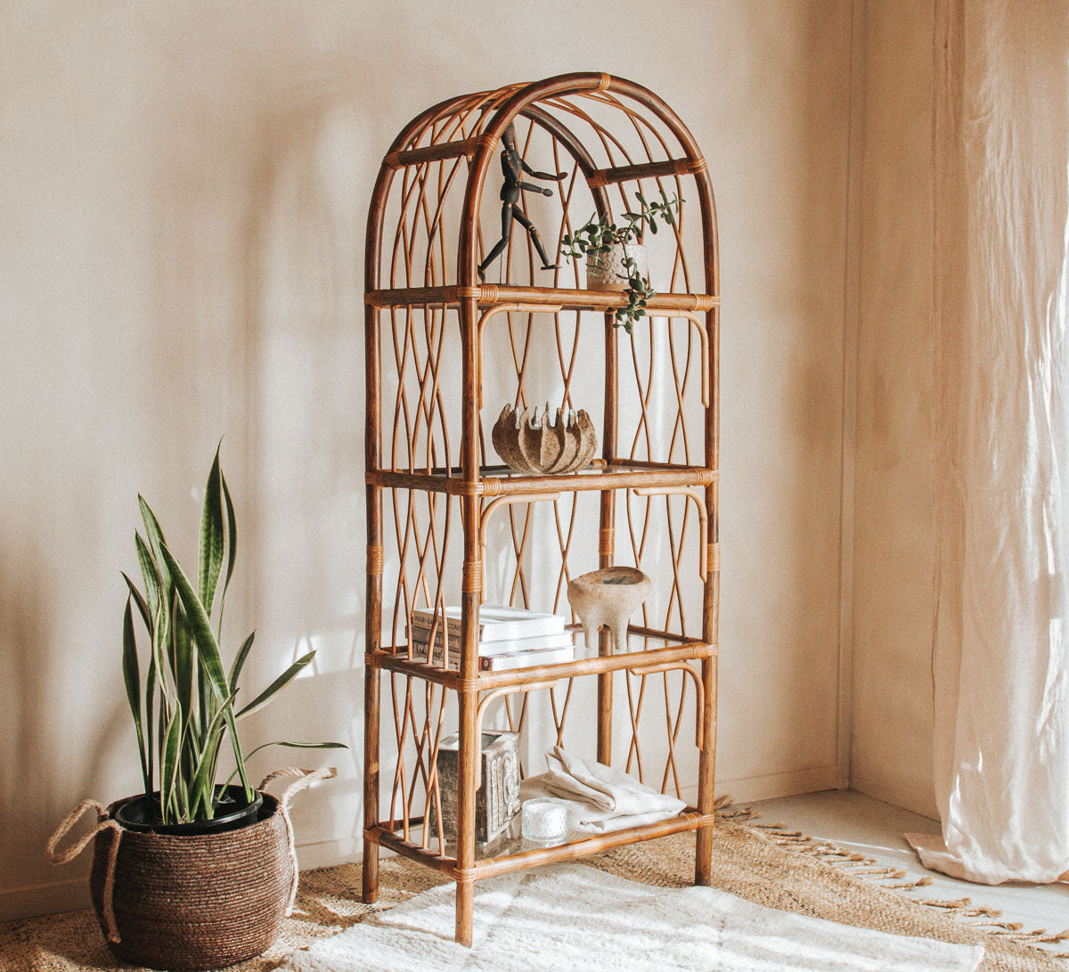 vintage designer boho cane rattan shelving in walnut brown with glass shelves