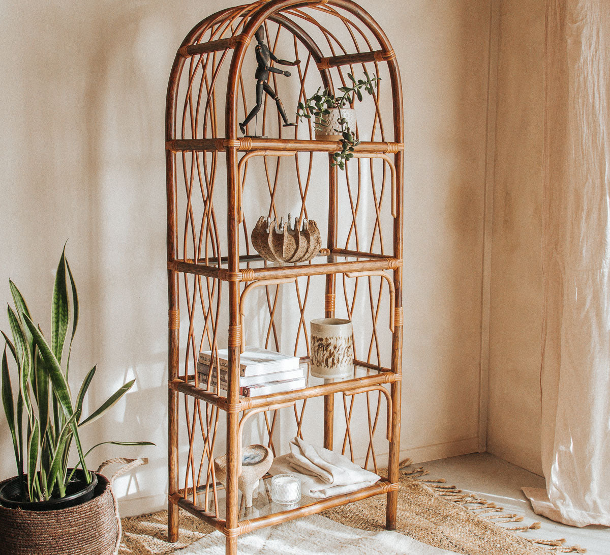 vintage designer boho cane rattan shelving in walnut brown with glass shelves