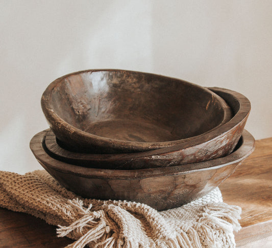 vintage bohemian interior stylist designer reclaimed wood wooden bowl in dark brown