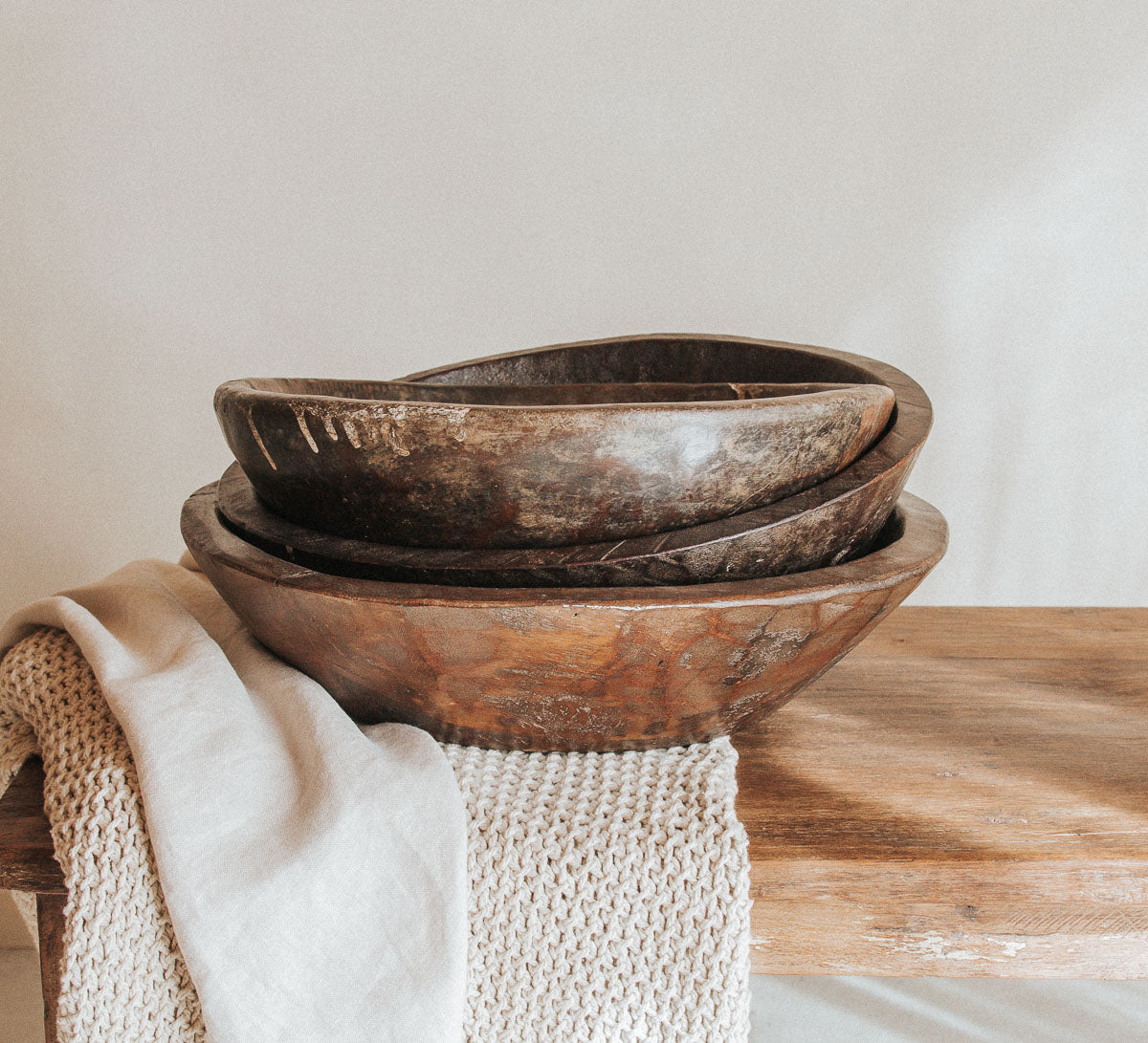 vintage bohemian interior stylist designer reclaimed wood wooden bowl in dark brown