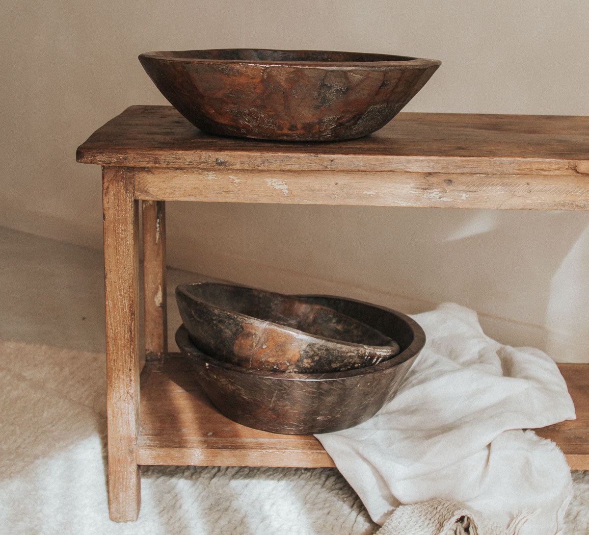 vintage bohemian interior stylist designer reclaimed wood wooden bowl in dark brown