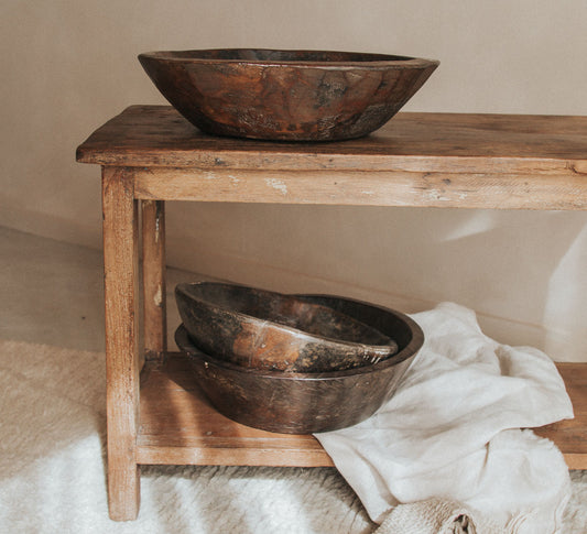 vintage bohemian interior stylist designer reclaimed wood wooden bowl in dark brown