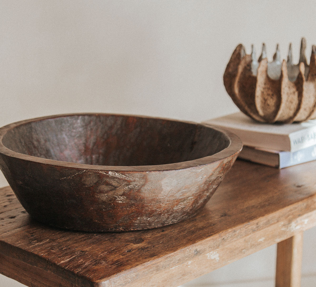 vintage bohemian interior stylist designer reclaimed wood wooden bowl in dark brown