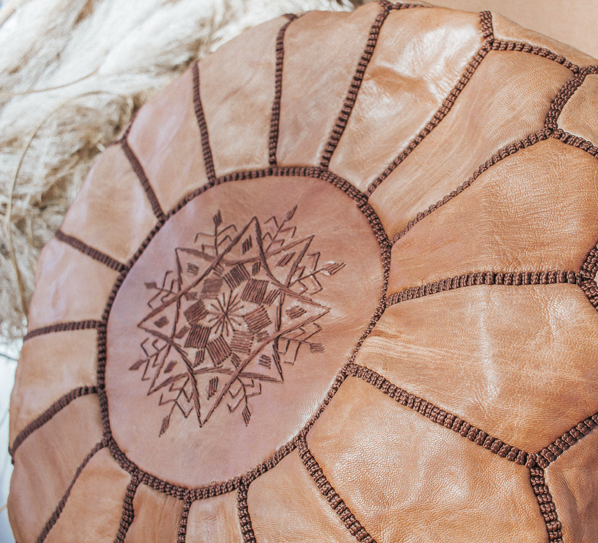 boho Authentic handmade leather ottoman pouf. Premium Handcrafted embroidered in Morocco 