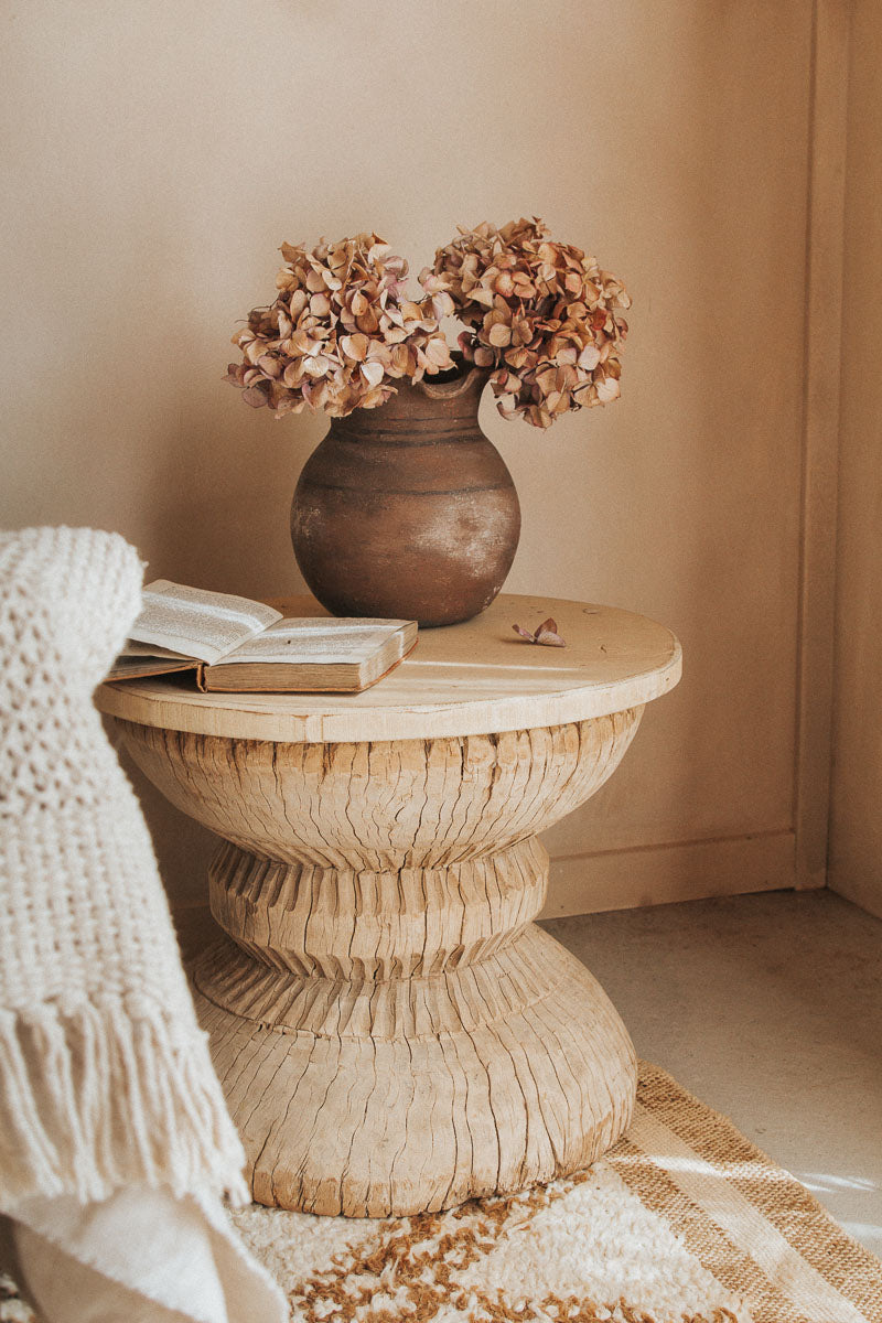vintage reclaimed wood interior stylist designer okhli wooden handcarved side table