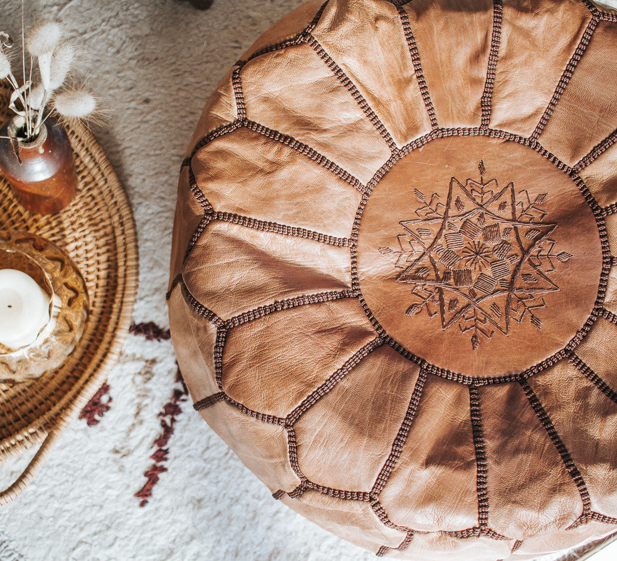 boho Authentic handmade leather ottoman pouf. Premium Handcrafted embroidered in Morocco 