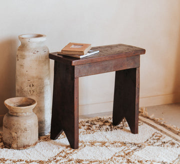 vintage boho wooden reclaimed rustic wooden stool in dark brown cocoa, scandivibe