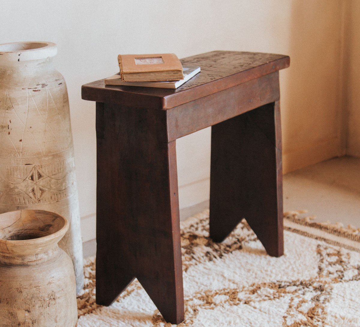 vintage boho wooden reclaimed rustic wooden stool in dark brown cocoa, scandivibe