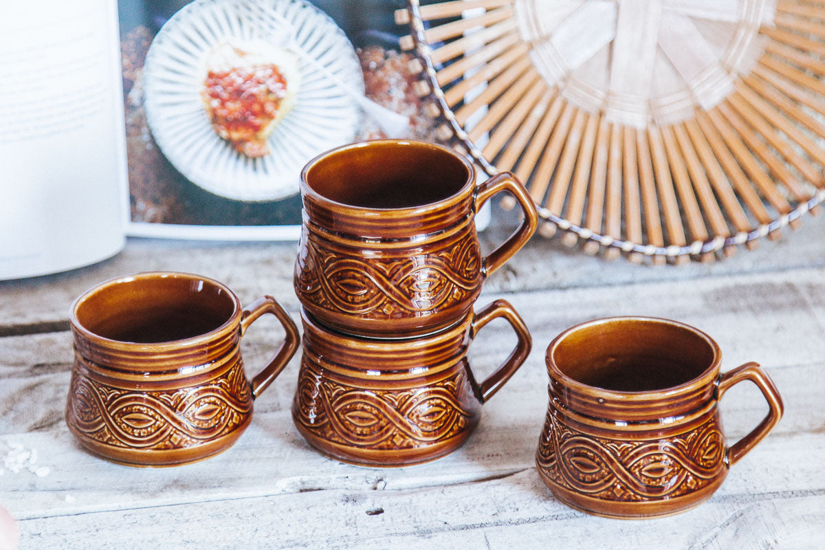 vintage boho toffee glazed pottery cups and saucers saxony by ellgreave pottery