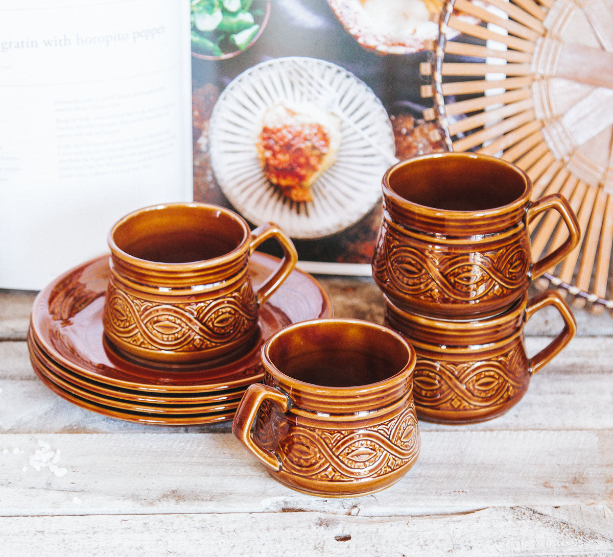 vintage boho toffee glazed pottery cups and saucers saxony by ellgreave pottery