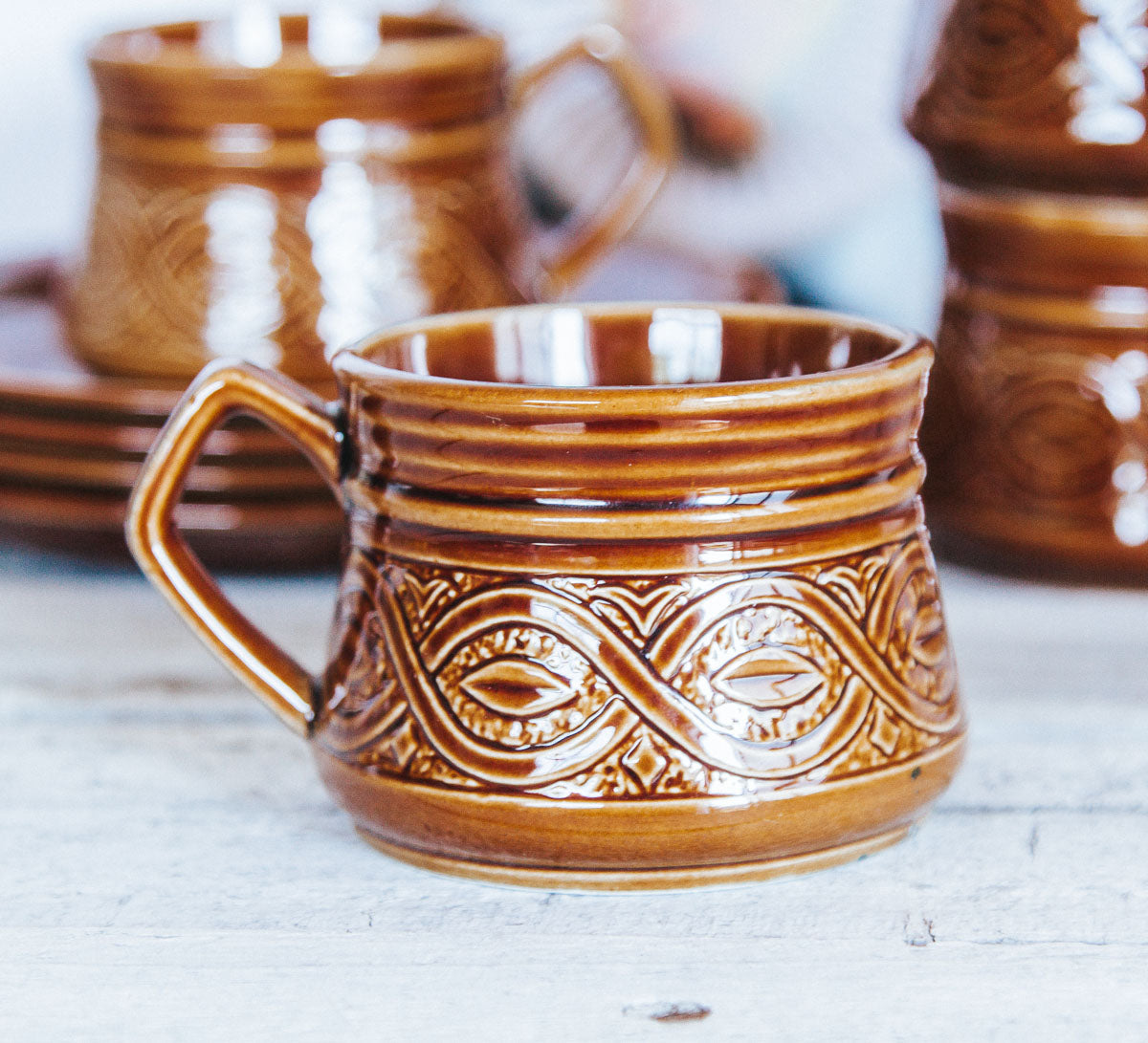 vintage boho toffee glazed pottery cups and saucers saxony by ellgreave pottery