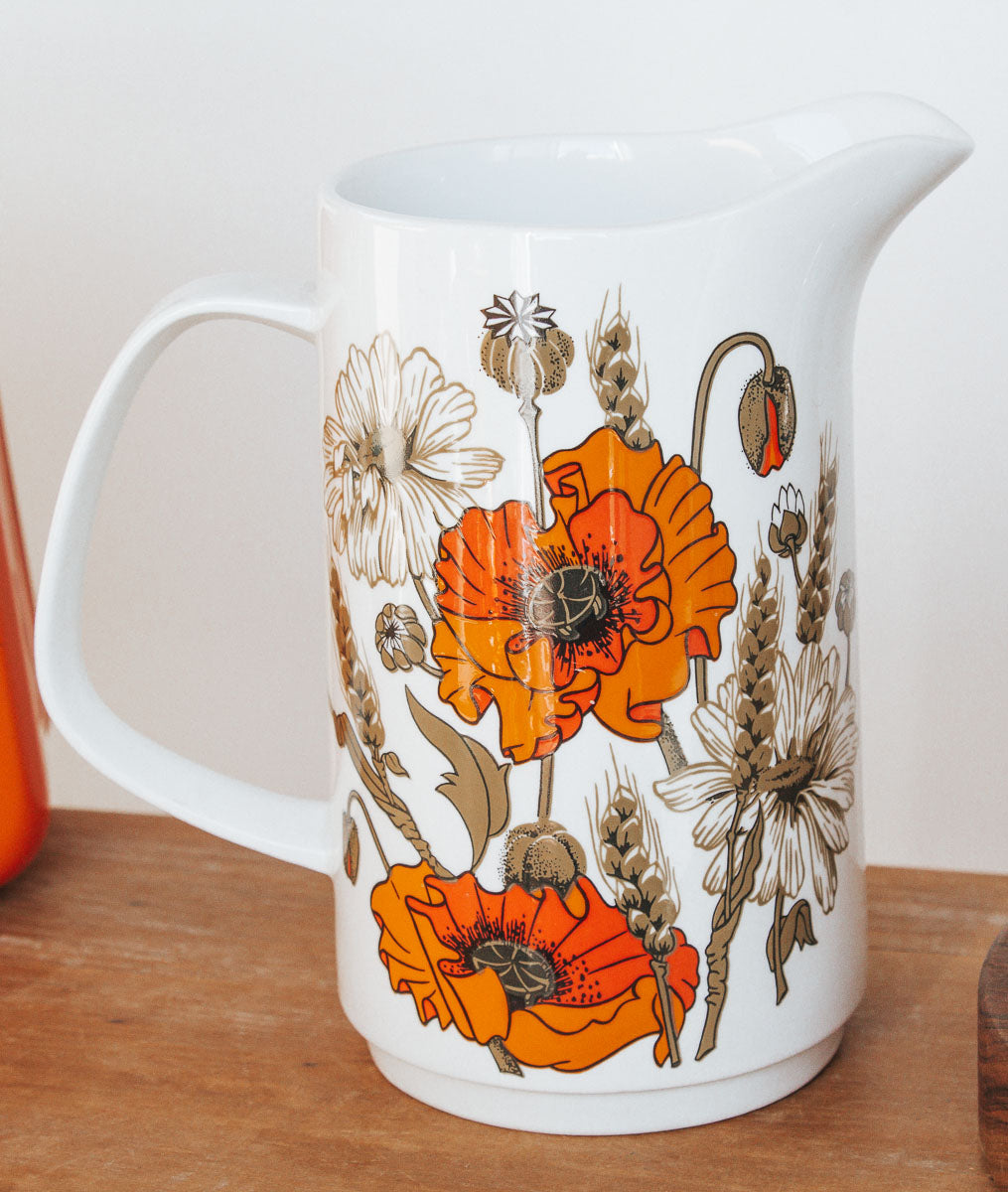 vintage boho bohemian retro water jug pitcher with orange flowers