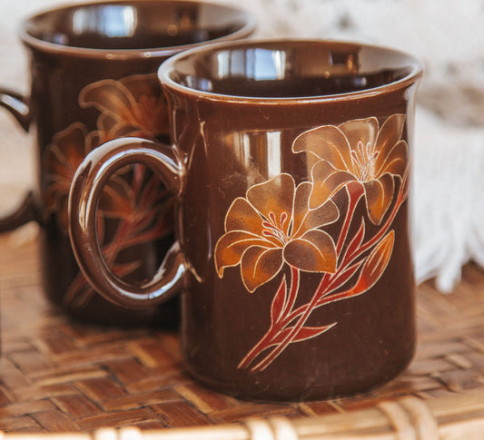 vintage boho crown lynn coffee mugs cups  in dark cocoa brown with orange flowers