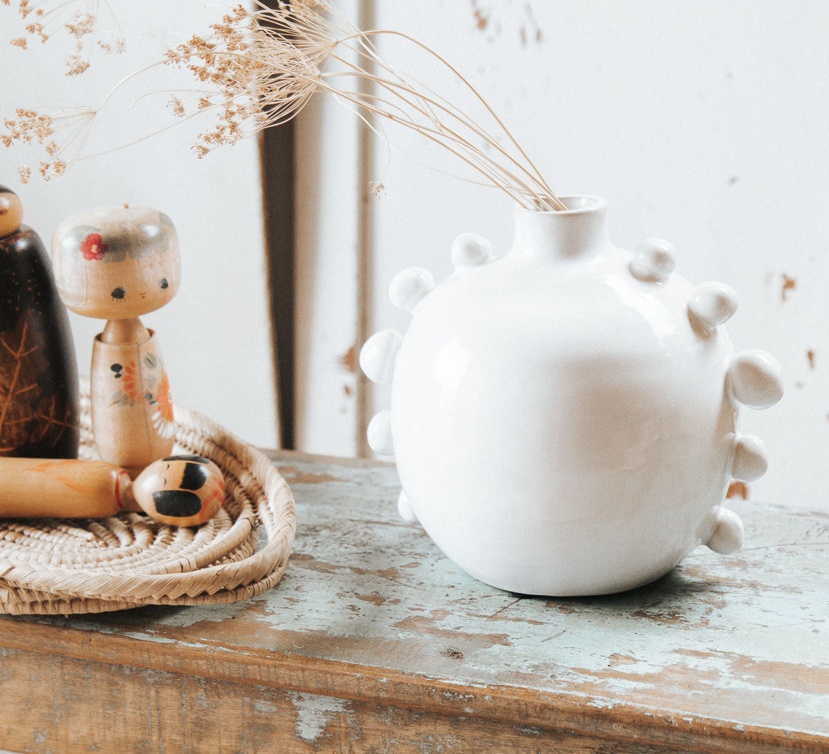 ceramic white scandi boho vase with bobbles