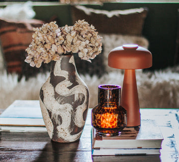 designer interior stylist ceramic boho vase with brown and cream swirls studio pottery