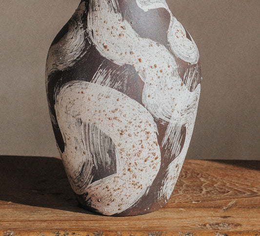 designer interior stylist ceramic boho vase with bornw and cream swirls studio pottery