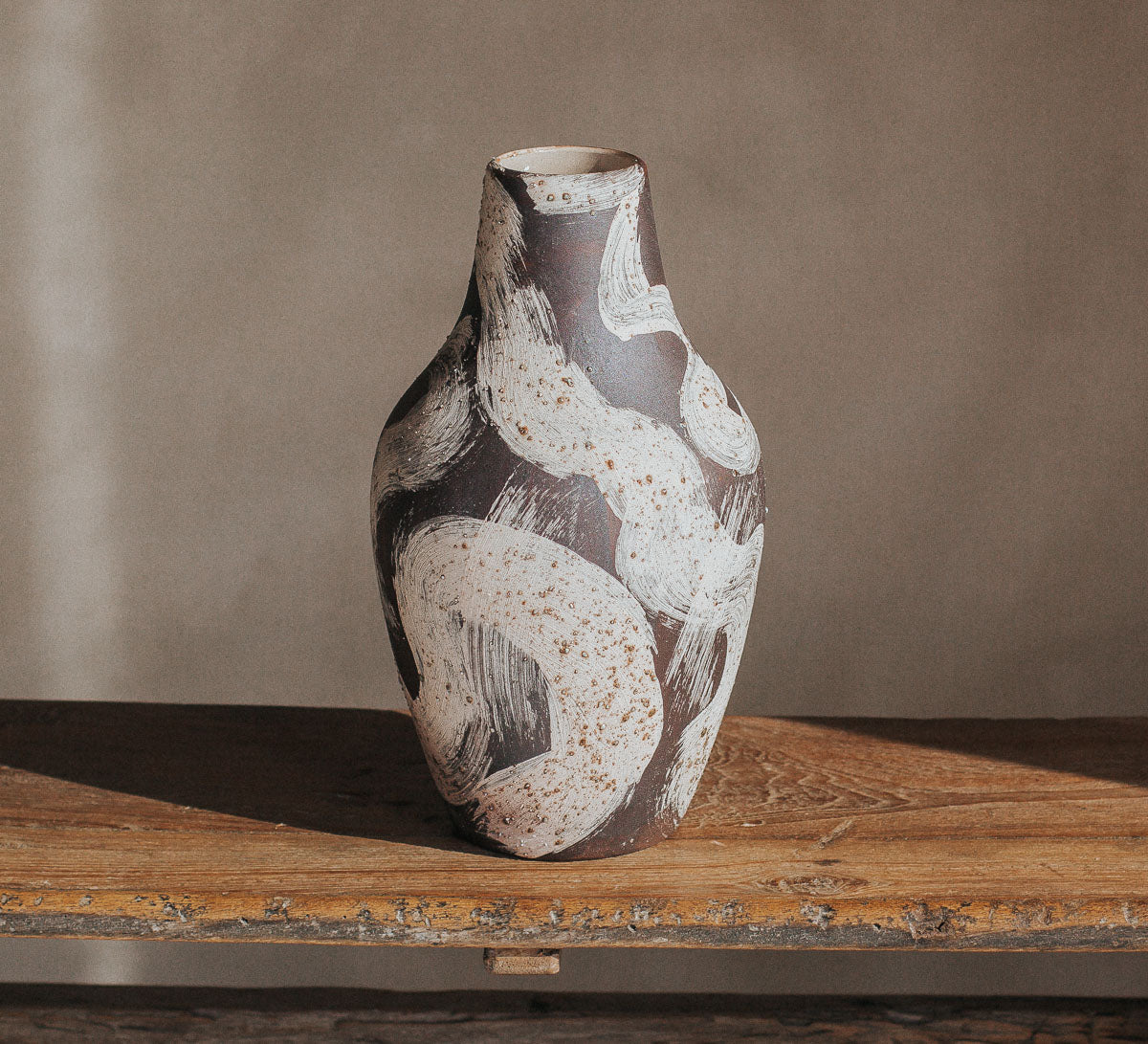 designer interior stylist ceramic boho vase with brown and cream swirls studio pottery