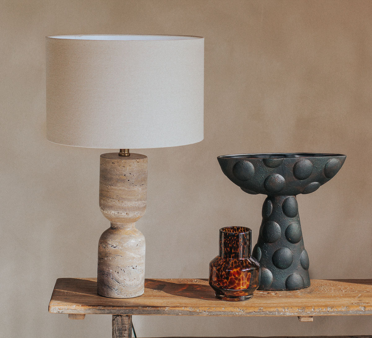 boho scandi stone travertine linen table lamp, interior designer style
