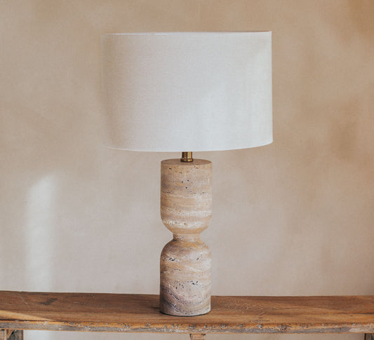 boho scandi stone travertine linen table lamp, interior designer style