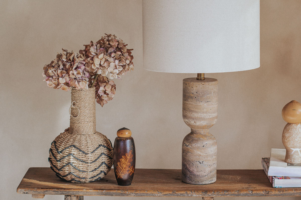 boho scandi stone travertine linen table lamp, interior designer style