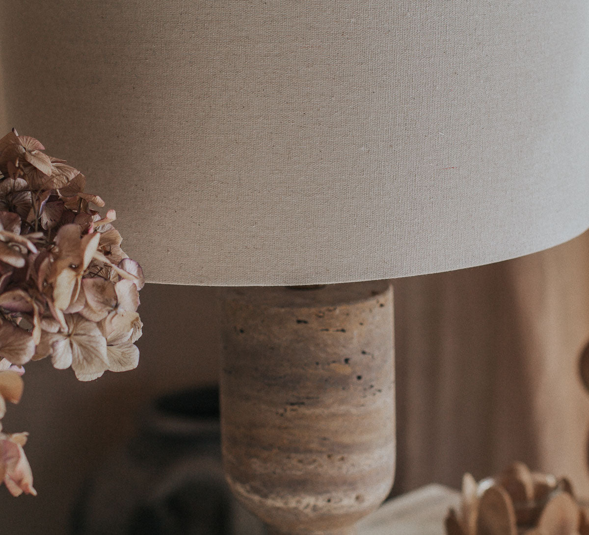 boho scandi stone travertine linen table lamp, interior designer style