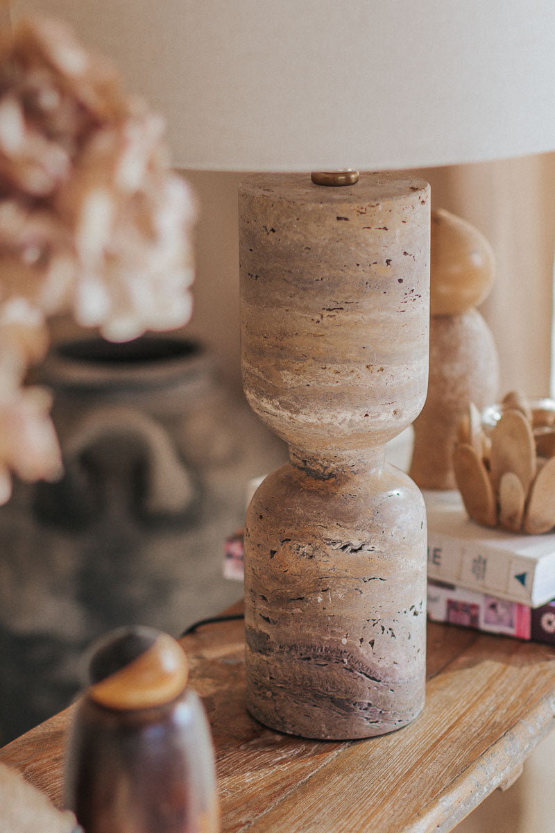 boho scandi stone travertine linen table lamp, interior designer style