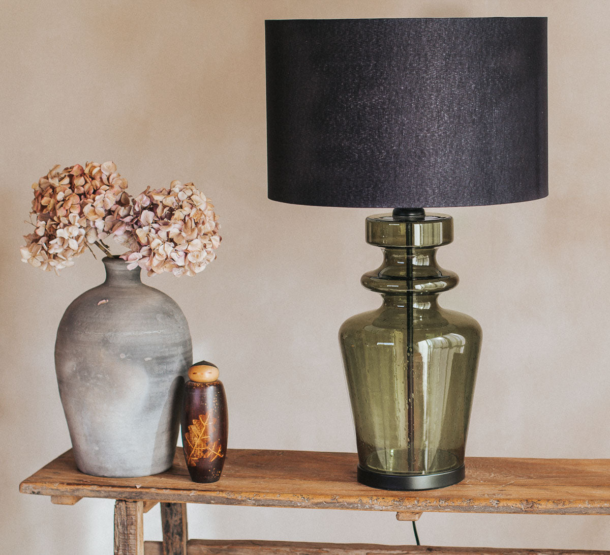 interior designer style bohemian statement light glass lamp with linen shade