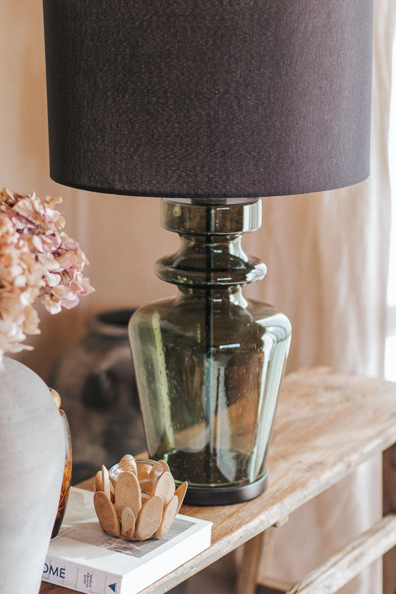 interior designer style bohemian statement light glass lamp with linen shade