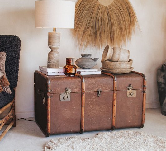 vintage retro bohemian ccanvas travel trunk chest with wooden and metal runners