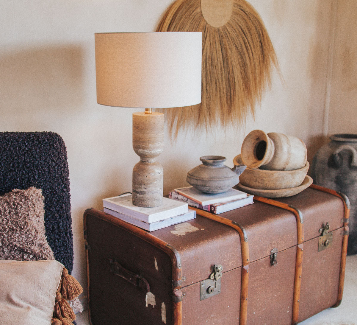 boho scandi stone travertine linen table lamp, interior designer style