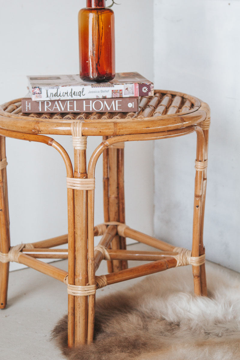 boho bohemian round cane rattan bamboo side table bedside table coffee table