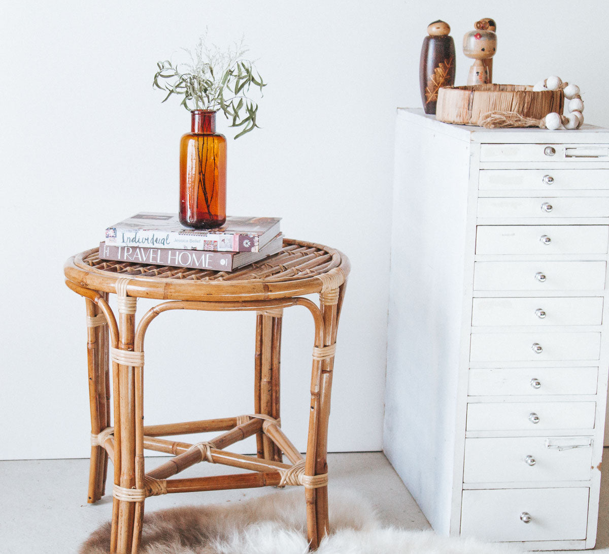 boho natural rattan cane side table bedside table