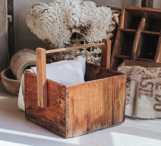 vintage wooden storage crate with handle