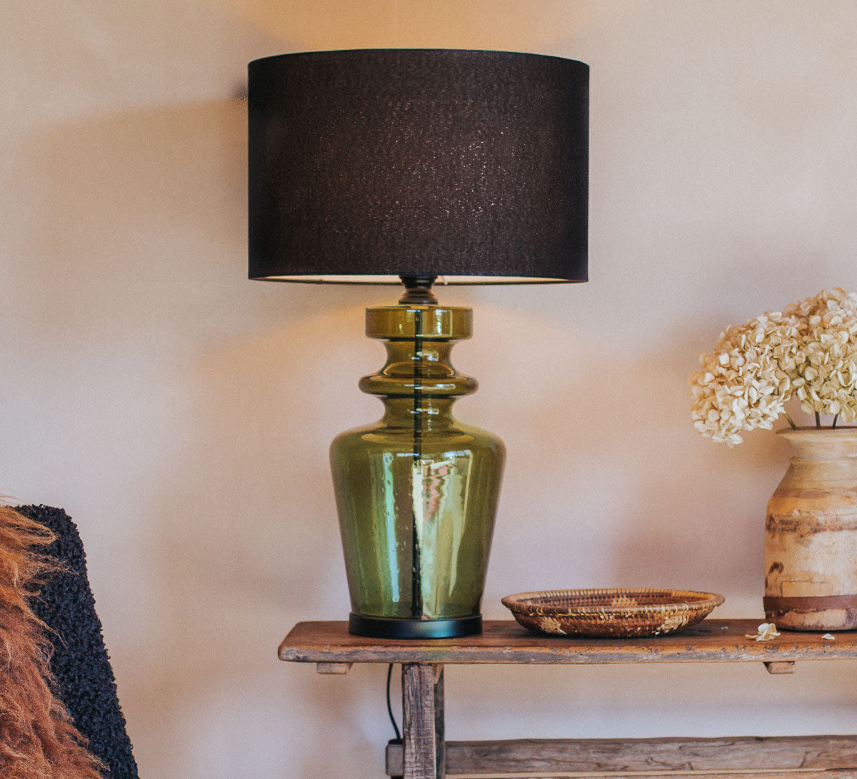 interior designer style bohemian statement light glass lamp with linen shade