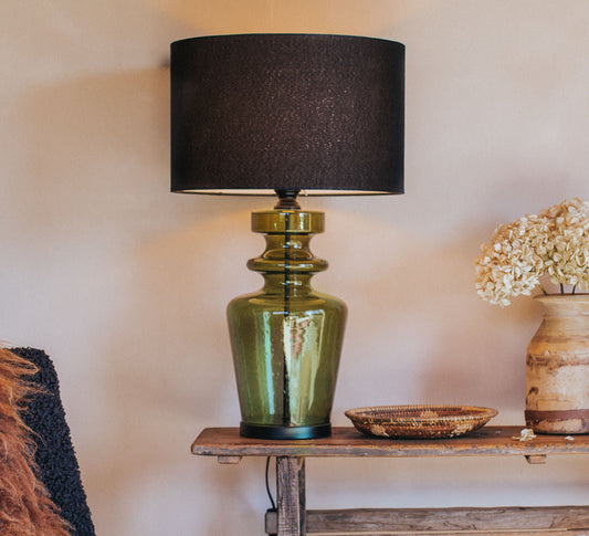 interior designer style bohemian statement light glass lamp with linen shade