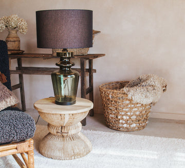 interior designer style bohemian statement light glass lamp with linen shade