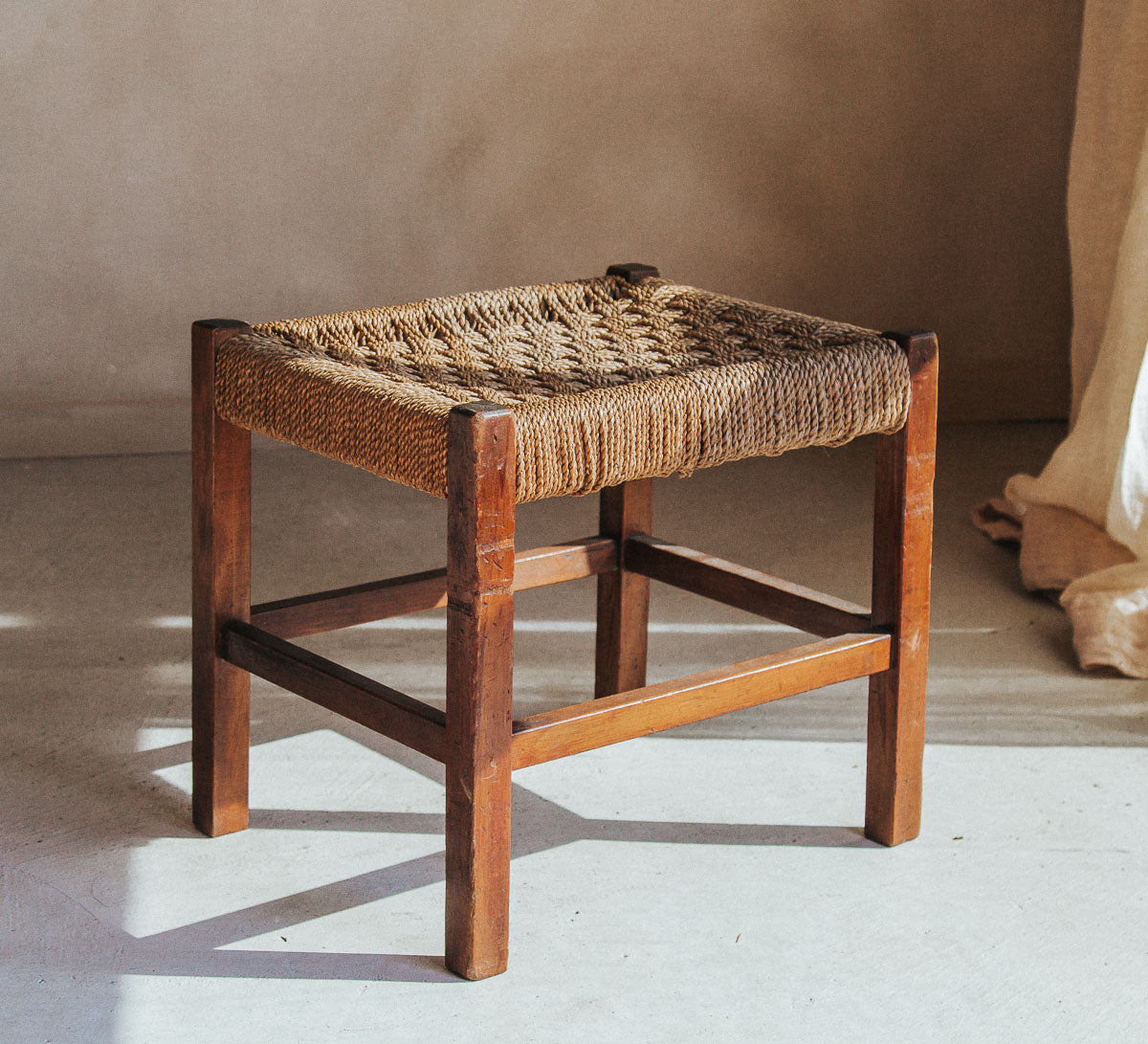 vintage boho designer woven rattan wood and seagrass stool side table