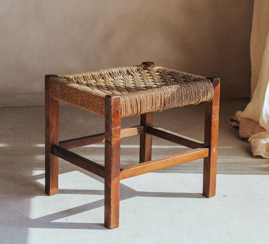 vintage boho designer woven rattan wood and seagrass stool side table