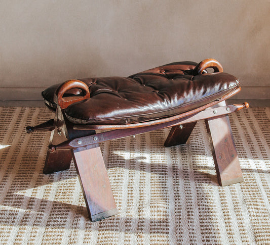 vintage bohemian wood and leather camel stool with brass inlay